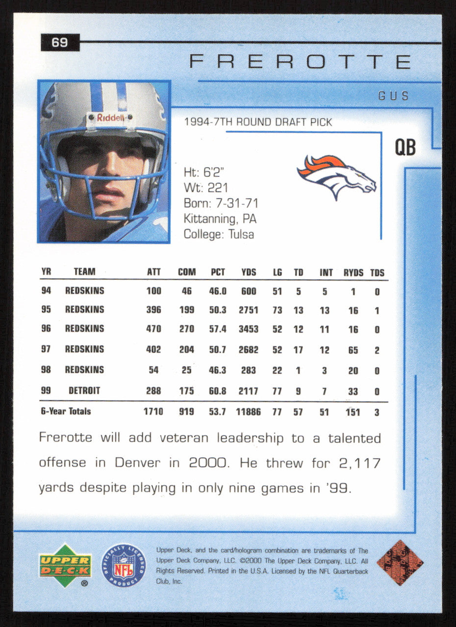 Gus Frerotte Autographed 2000 Upper Deck Card #69 Detroit Lions SKU #260511