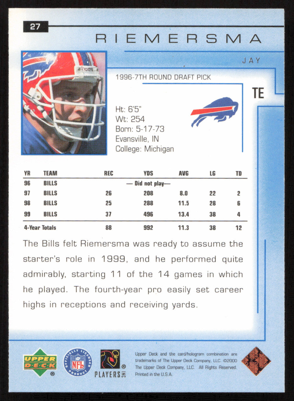 Jay Riemersma Autographed 2000 Upper Deck Card #27 Buffalo Bills SKU #260512