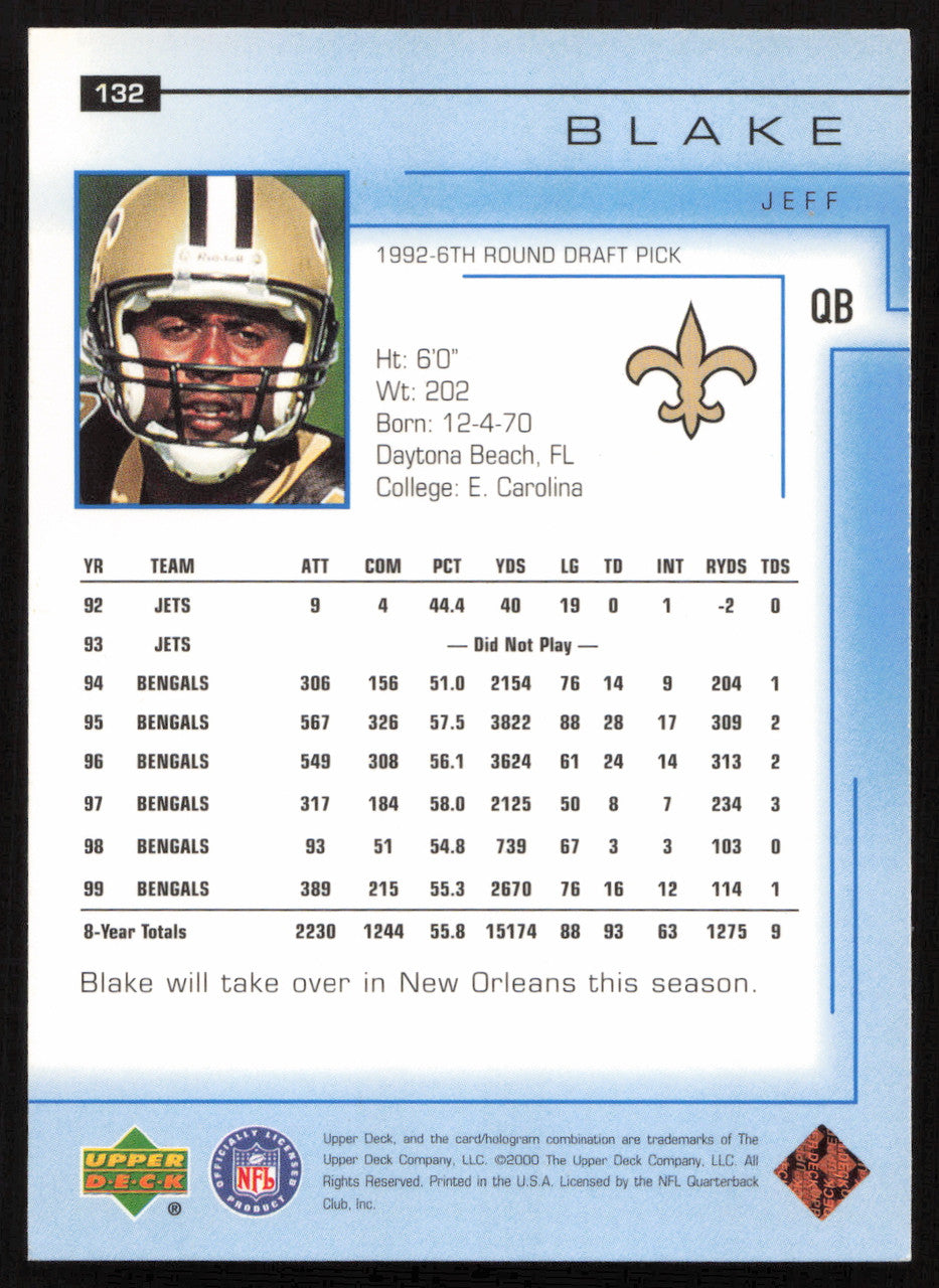 Jeff Blake Autographed 2000 Upper Deck Card #132 New Orleans Saints SKU #260513