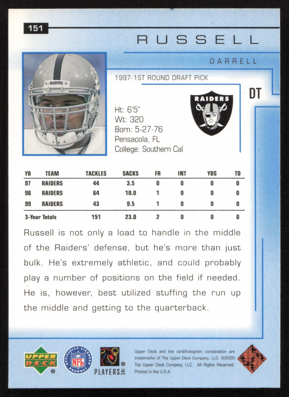 Darrell Russell Autographed 2000 Upper Deck Card #151 Los Angeles Raiders SKU #260515