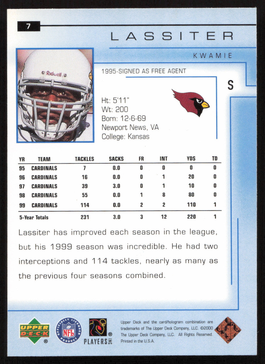 Kwamie Lassiter Autographed 2000 Upper Deck Card #7 Arizona Cardinals SKU #260522