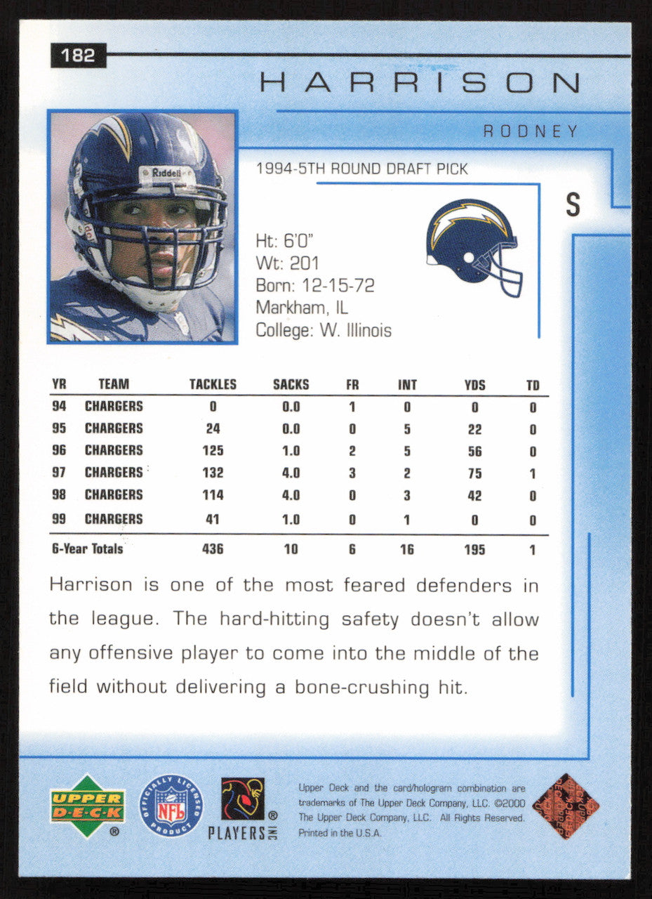Rodney Harrison Autographed 2000 Upper Deck Card #182 San Diego Chargers SKU #260525