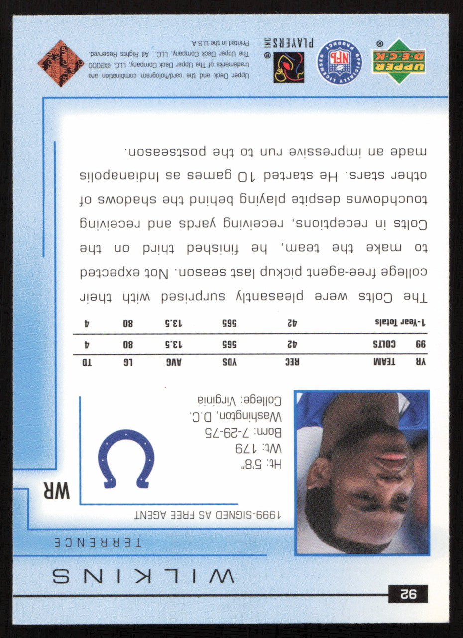 Terrence Wilkins Autographed 2000 Upper Deck Card #92 Indianapolis Colts SKU #260526