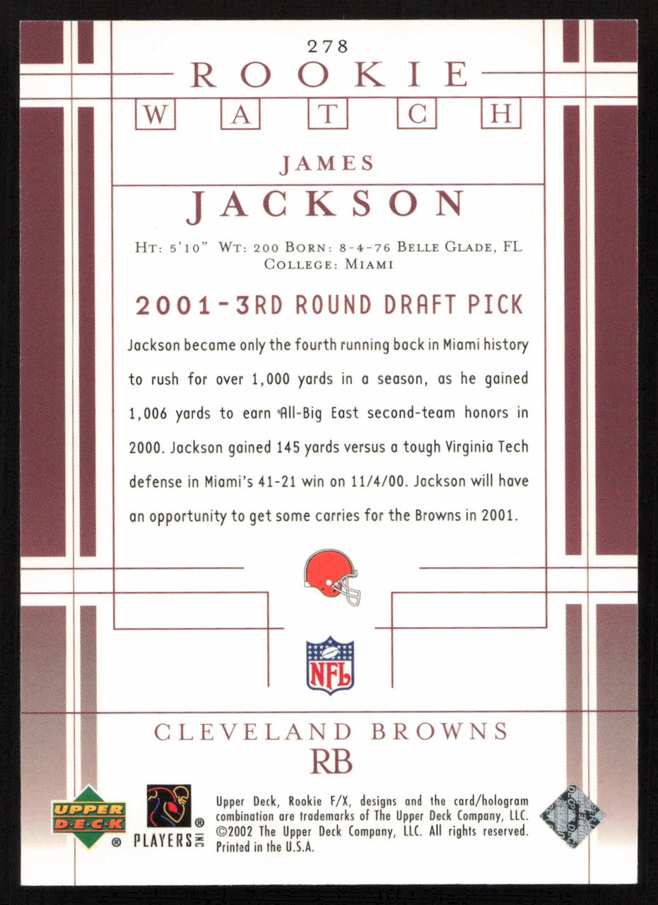 James Jackson Autographed 2001 Upper Deck Rookie Card #278 Cleveland Browns SKU #260529