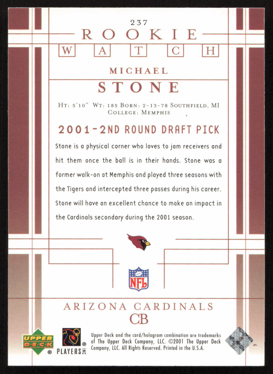Michael Stone Autographed 2001 Upper Deck Rookie Card #237 Arizona Cardinals SKU #260530