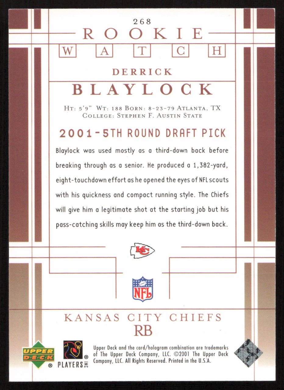 Derrick Blaylock Autographed 2001 Upper Deck Rookie Card #268 Kansas City Chiefs SKU #260531
