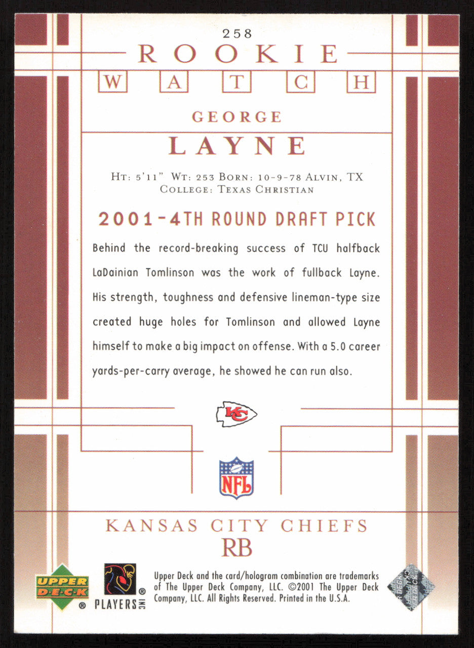 George Layne Autographed 2001 Upper Deck Rookie Card #258 Kansas City Chiefs SKU #260532