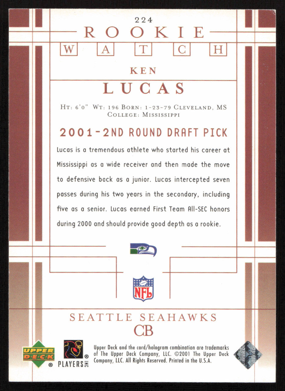 Ken Lucas Autographed 2001 Upper Deck Rookie Card #224 Seattle Seahawks SKU #260533