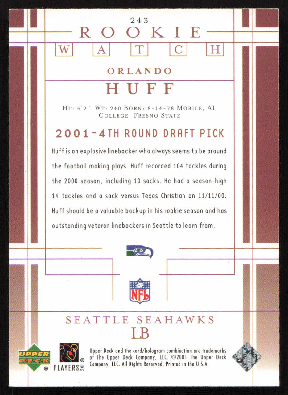 Orlando Huff Autographed 2001 Upper Deck Rookie Card #243 Seattle Seahawks SKU #260535