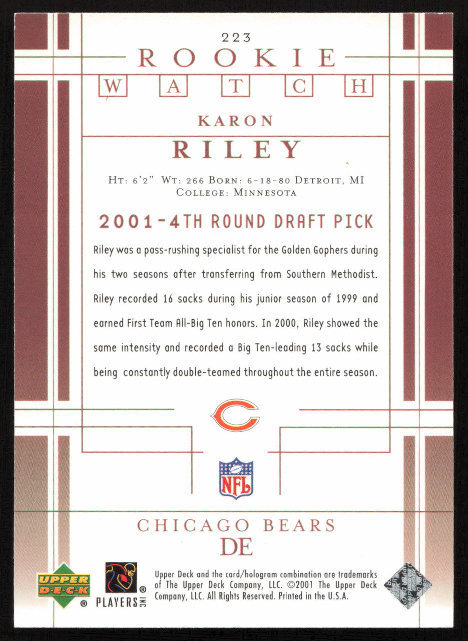Karon Riley Autographed 2001 Upper Deck Rookie Card #223 Chicago Bears SKU #260536