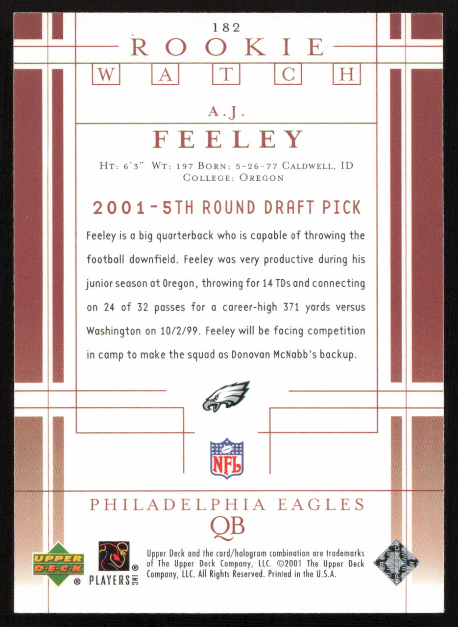A.J. Feeley Autographed 2001 Upper Deck Rookie Card #182 Philadelphia Eagles SKU #260537