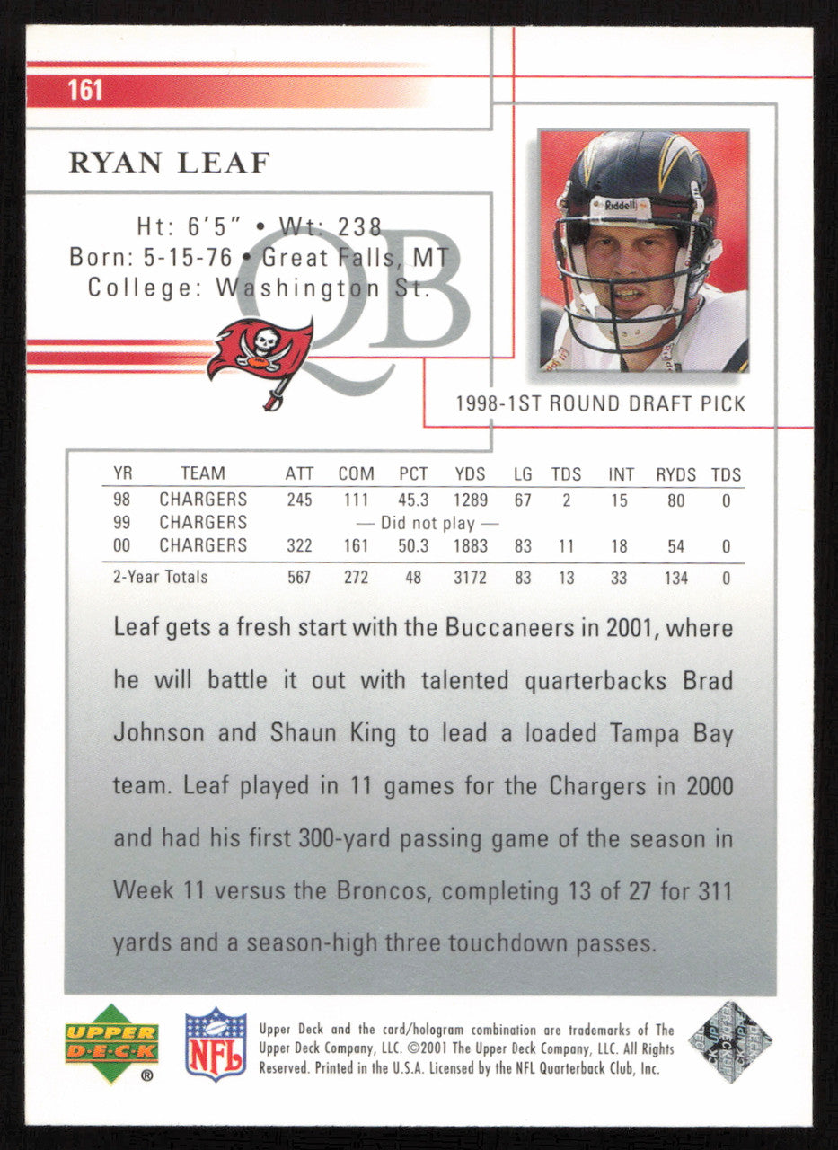 Ryan Leaf Autographed 2001 Upper Deck Card #161 San Diego Chargers SKU #260539