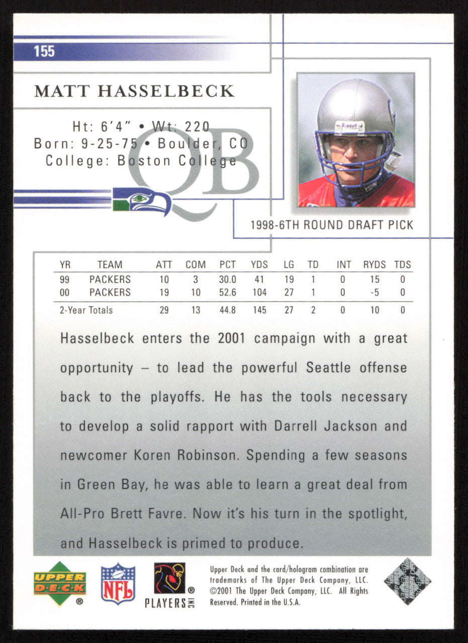 Matt Hasselbeck Autographed 2001 Upper Deck Card #155 Seattle Seahawks SKU #260540