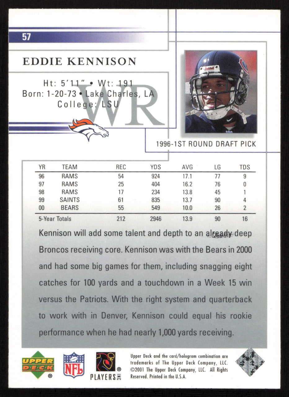 Eddie Kennison Autographed 2001 Upper Deck Card #57 Chicago Bears SKU #260543