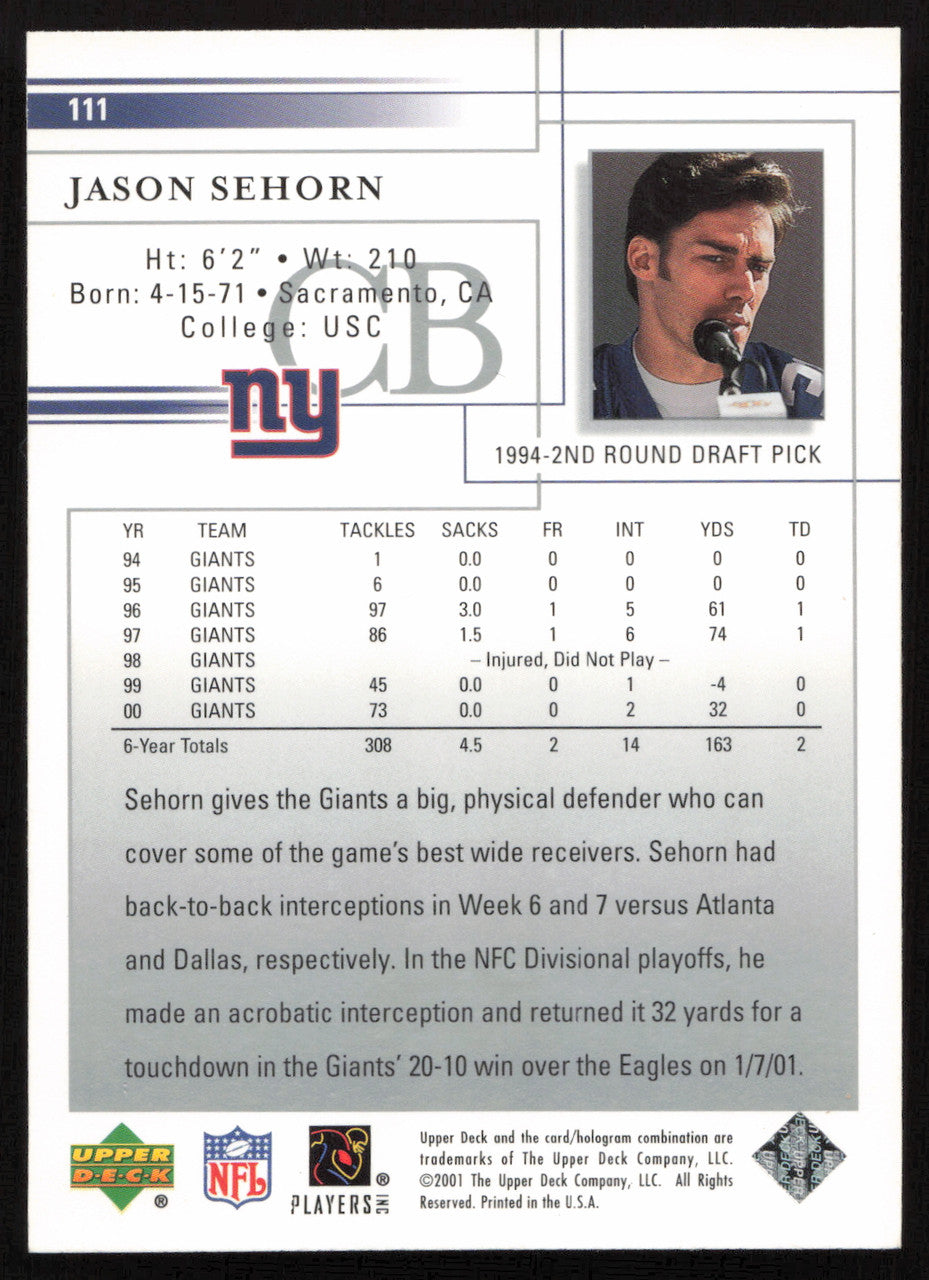 Jason Sehorn Autographed 2001 Upper Deck Card #111 New York Giants SKU #260544