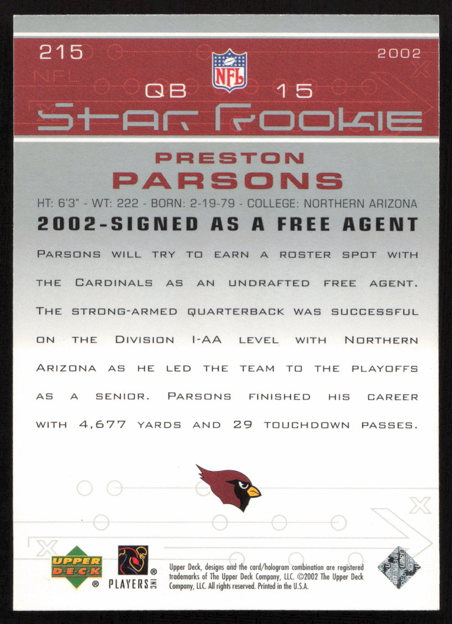 Preston Parsons Autographed 2002 Upper Deck Rookie Card #215 Arizona Cardinals SKU #260545