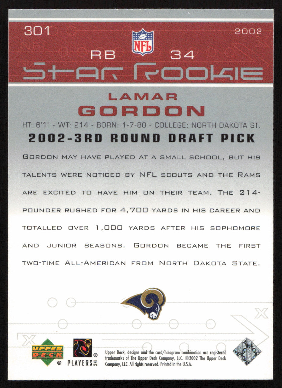 Lamar Gordon Autographed 2002 Upper Deck Rookie Card #301 St. Louis Rams SKU #260546