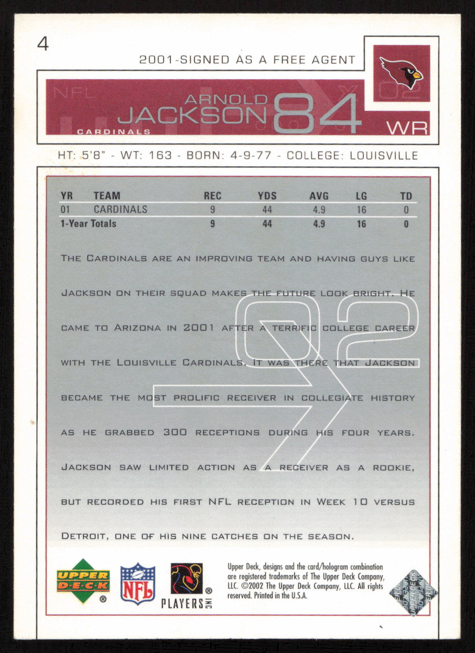 Arnold Jackson Autographed 2002 Upper Deck Card #4 Arizona Cardinals SKU #260549