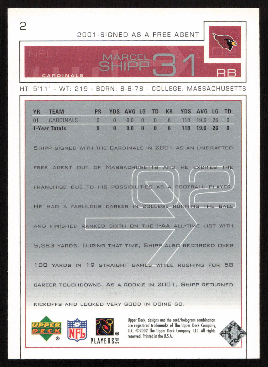 Marcel Shipp Autographed 2002 Upper Deck Card #2 Arizona Cardinals SKU #260550