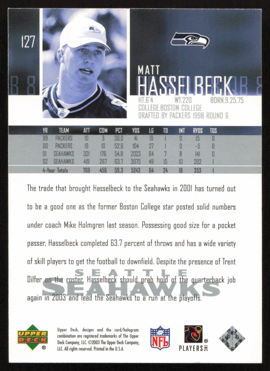 Matt Hasselbeck Autographed 2003 Upper Deck Card #127 Seattle Seahawks SKU #260553
