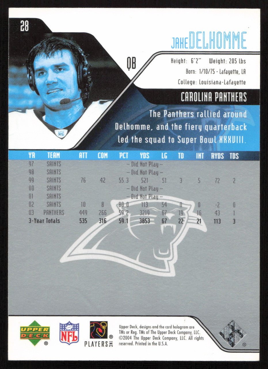 Jake Delhomme Autographed 2004 Upper Deck Card #28 Carolina Panthers SKU #260558