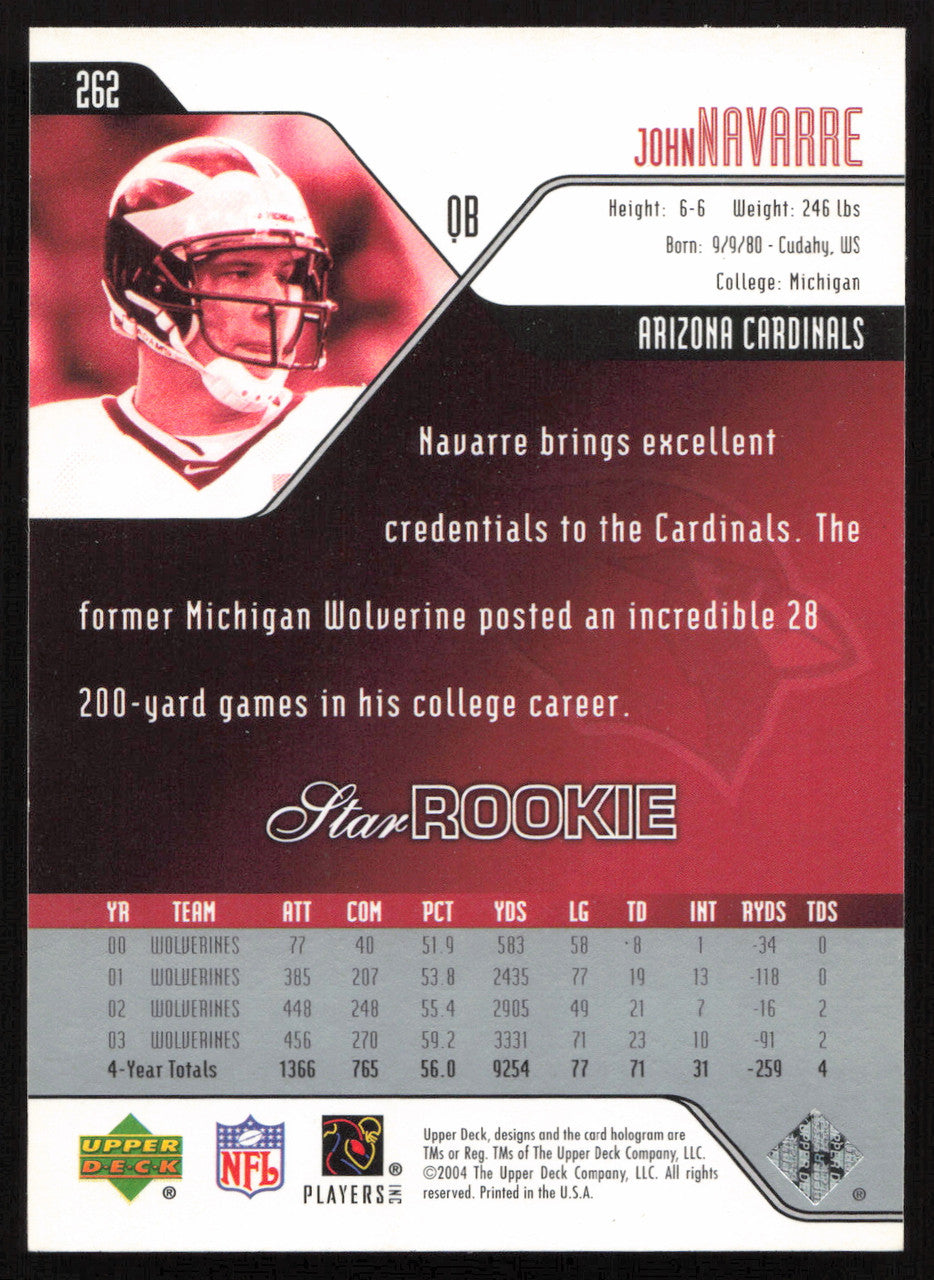 John Navarre Autographed 2004 Upper Deck Rookie Card #262 Arizona Cardinals SKU #260562