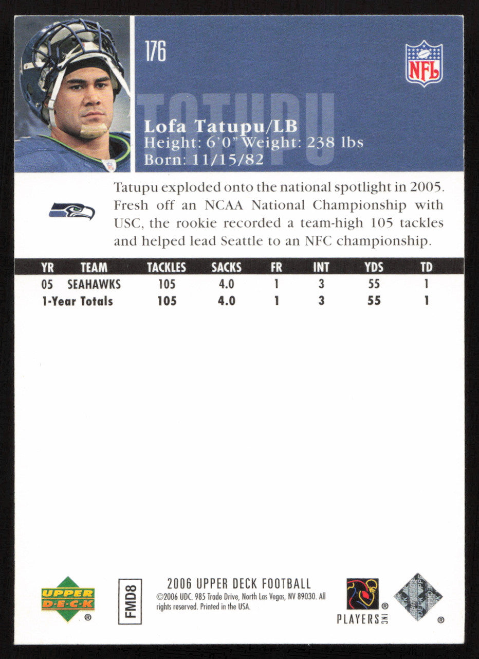 Lofa Tatupu Autographed 2006 Upper Deck Card #176 Seattle Seahawks SKU #260571