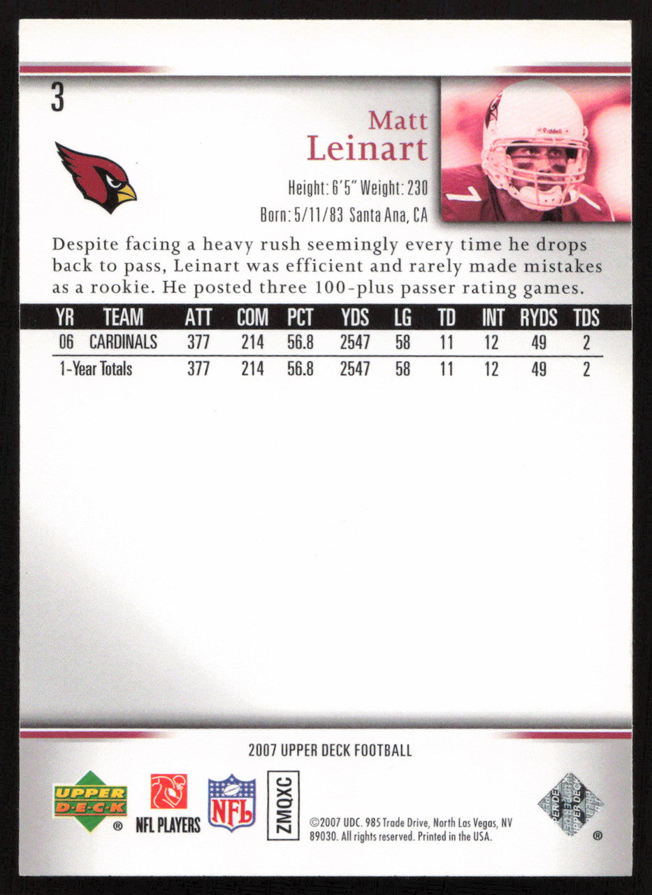 Matt Leinart Autographed 2007 Upper Deck Card #3 Arizona Cardinals SKU #260574