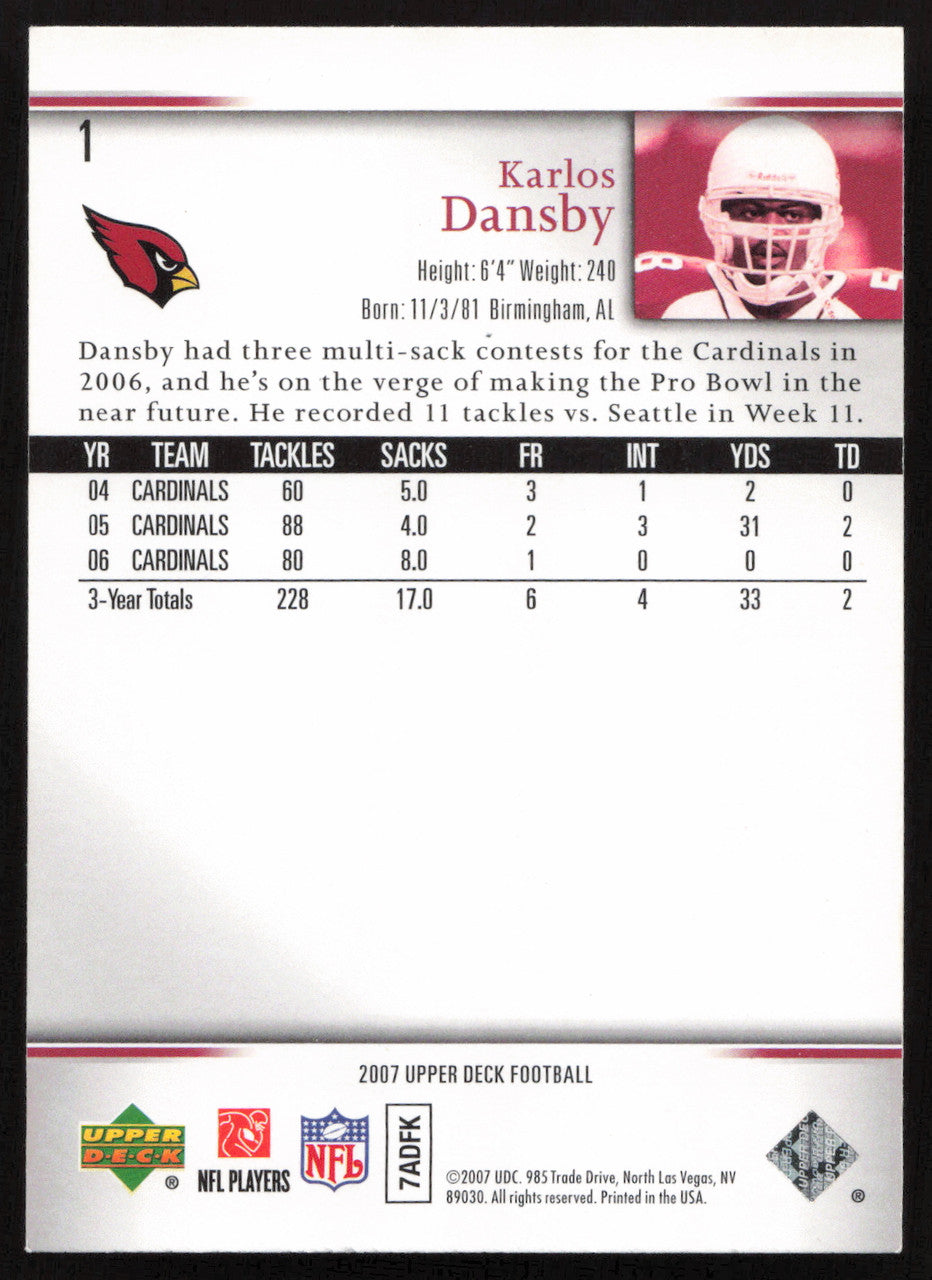 Karlos Dansby Autographed 2007 Upper Deck Card #1 Arizona Cardinals SKU #260579