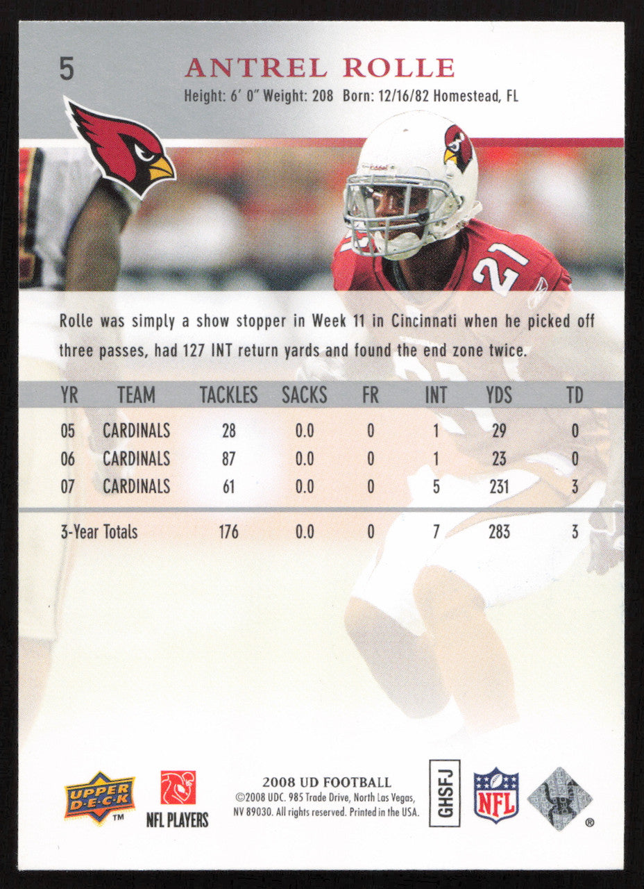 Antrel Rolle Autographed 2008 Upper Deck Card #5 Arizona Cardinals SKU #260580