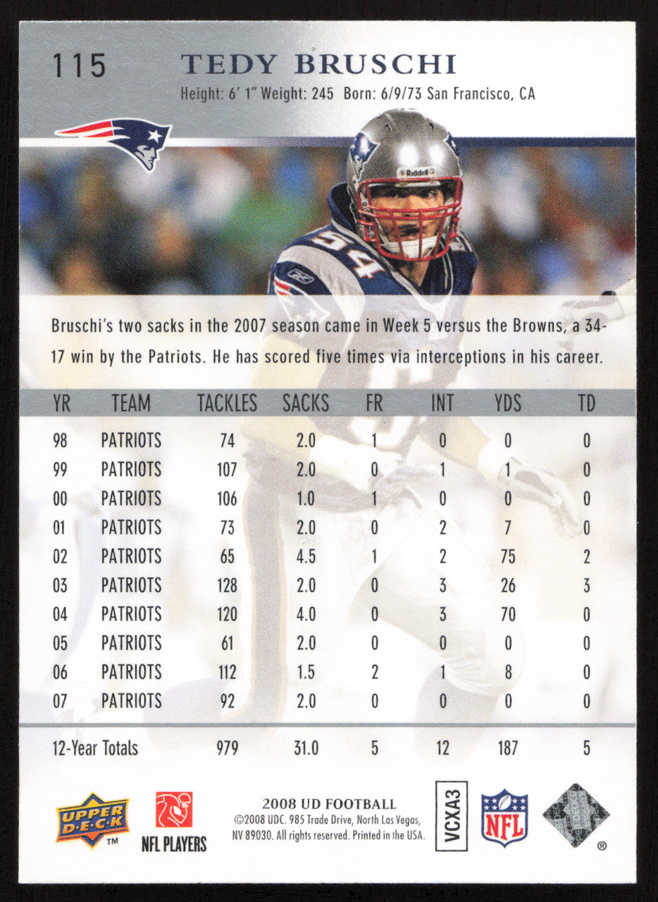 Tedy Bruschi Autographed 2008 Upper Deck Card #115 New England Patriots SKU #260581