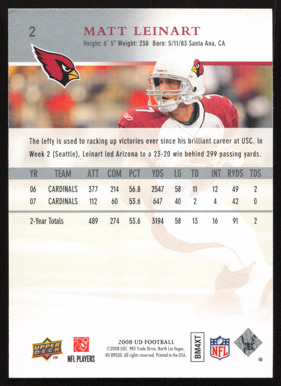 Matt Leinart Autographed 2008 Upper Deck Card #2 Arizona Cardinals SKU #260584