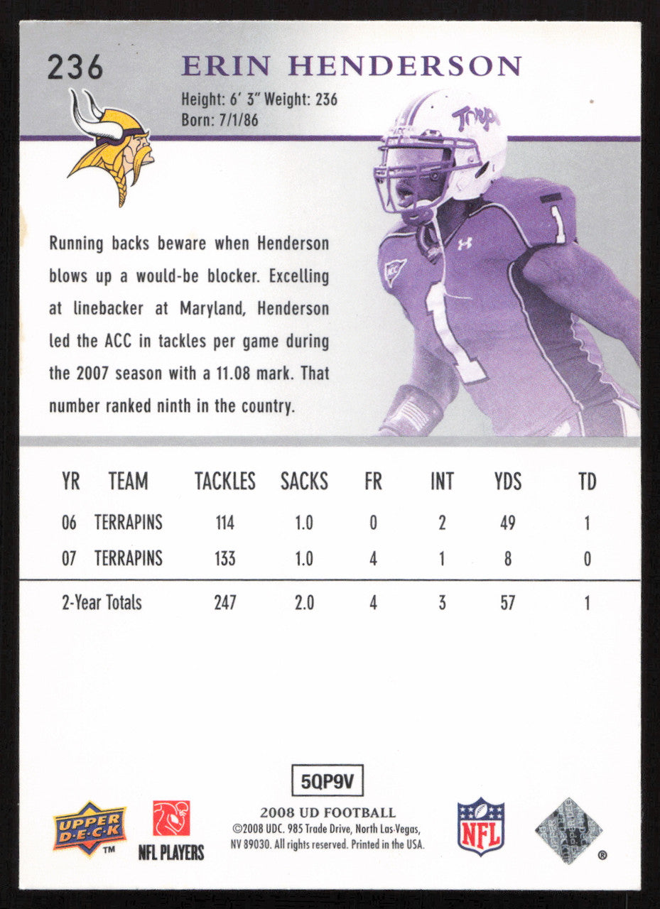Erin Henderson Autographed 2008 Upper Deck Rookie Card #236 Minnesota Vikings SKU #260585