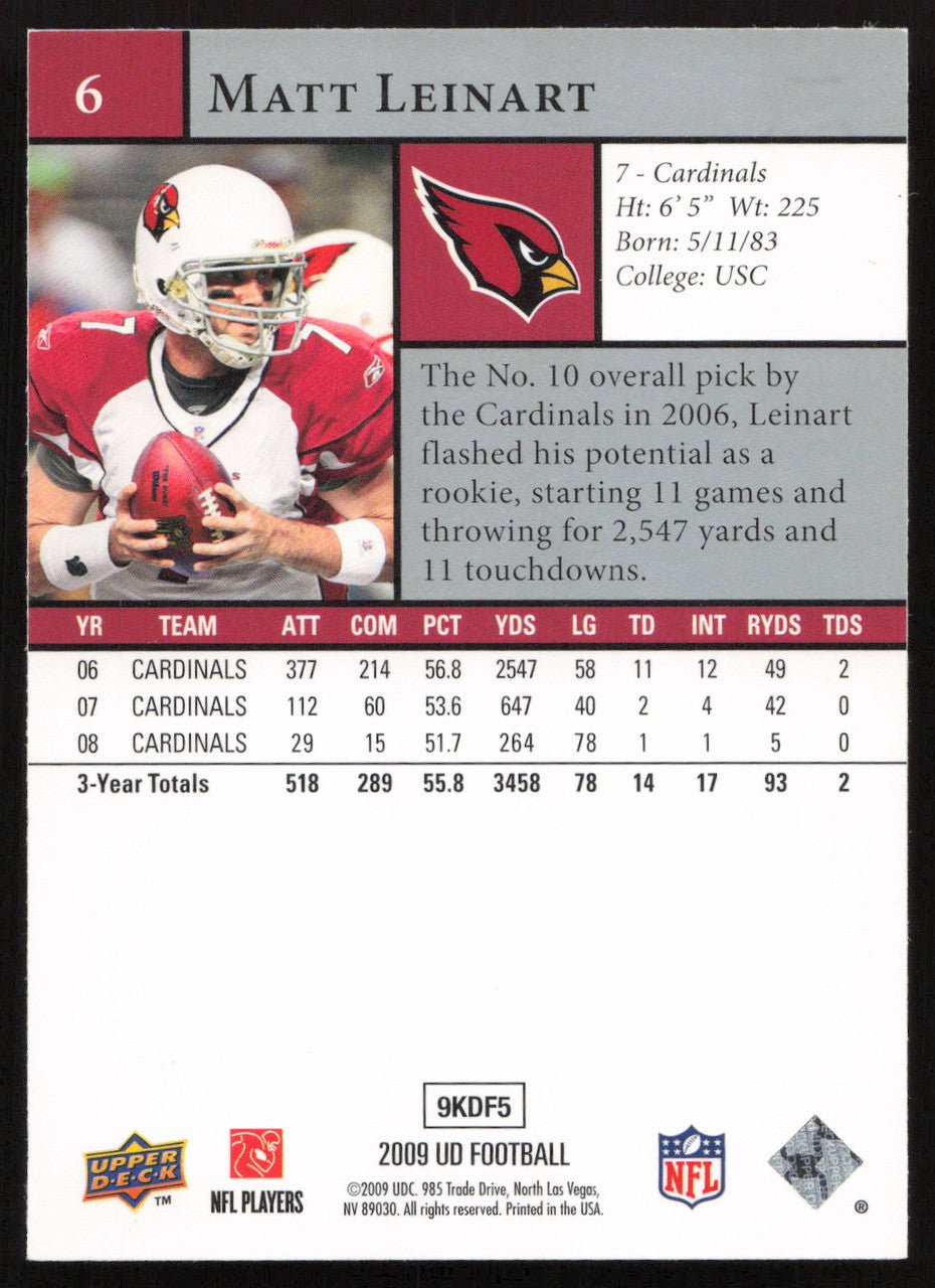 Matt Leinart Autographed 2009 Upper Deck Card #6 Arizona Cardinals SKU #260588