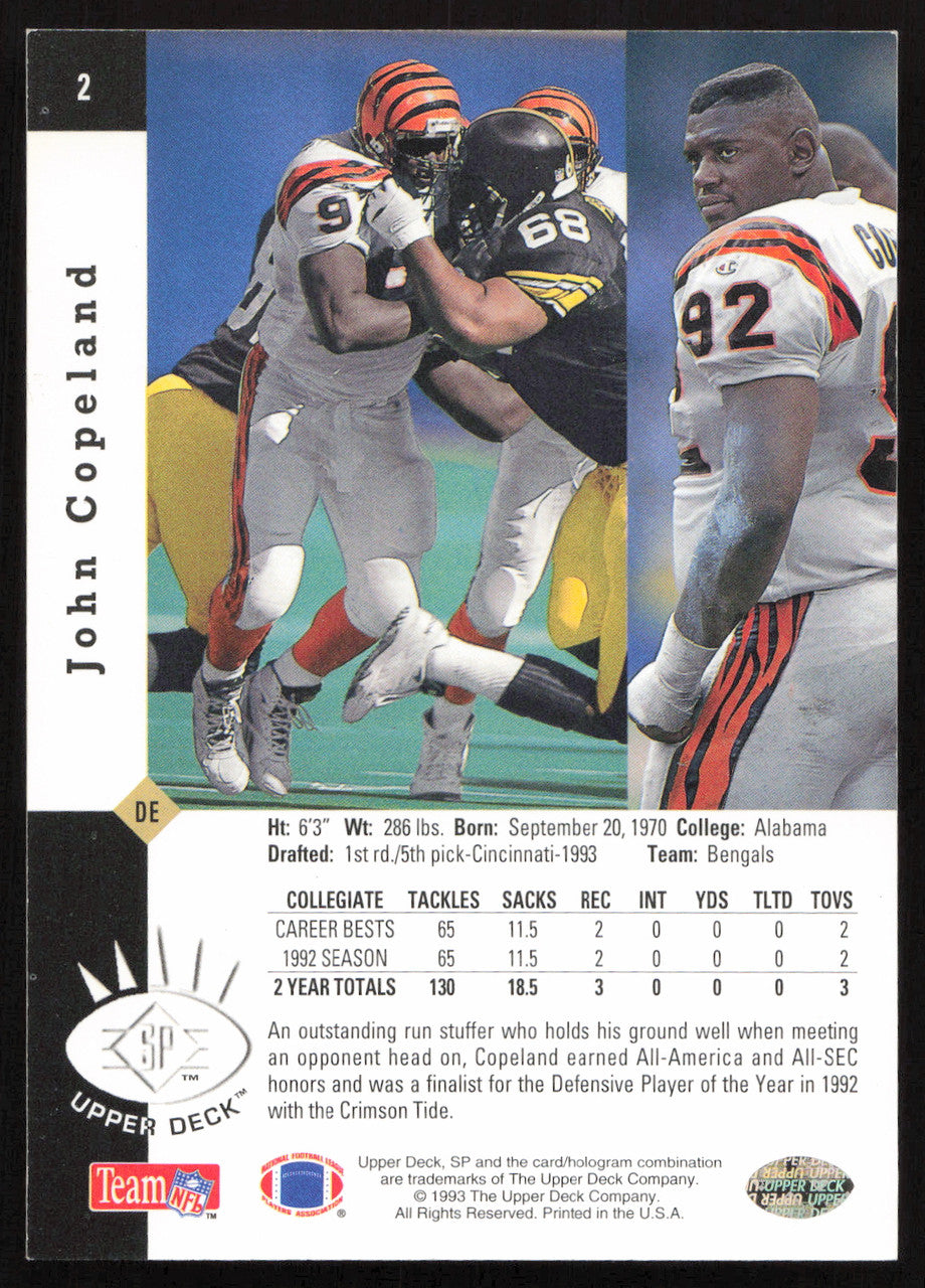 John Copeland Autographed 1993 Upper Deck SP Rookie Card #2 Cincinnati Bengals SKU #260595