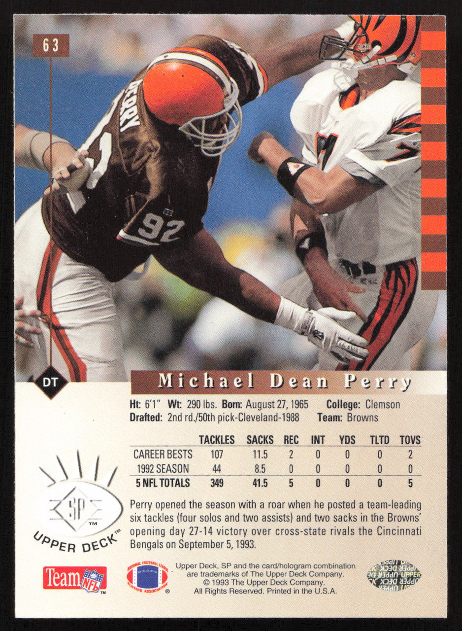 Michael Dean Perry Autographed 1993 Upper Deck SP Card #63 Cleveland Browns SKU #260599