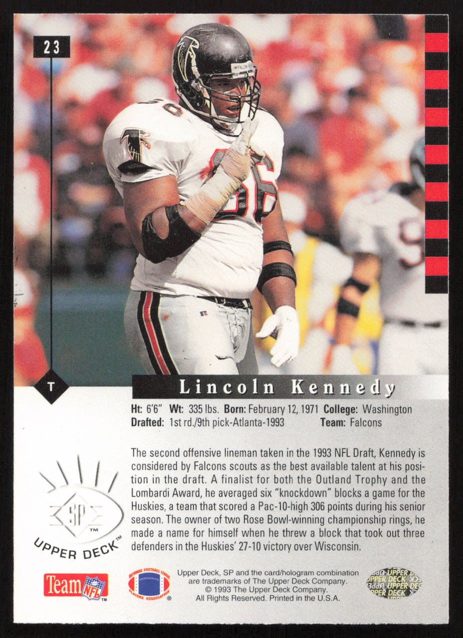 Lincoln Kennedy Autographed 1993 Upper Deck SP Rookie Card #23 Atlanta Falcons SKU #260615