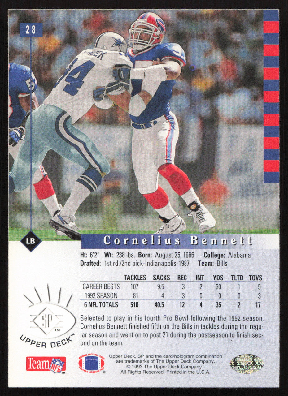 Cornelius Bennett Autographed 1993 Upper Deck SP Card #28 Buffalo Bills SKU #260617