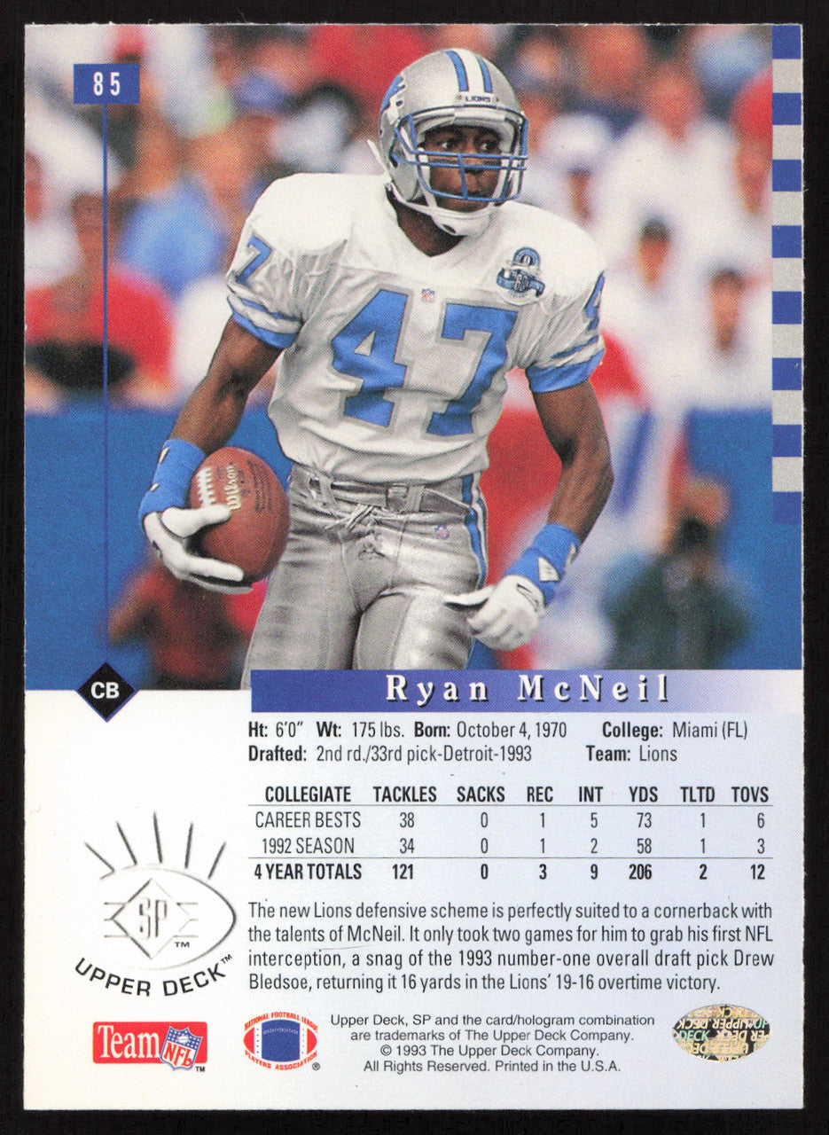 Ryan McNeil Autographed 1993 Upper Deck SP Rookie Card #85 Detroit Lions SKU #260621