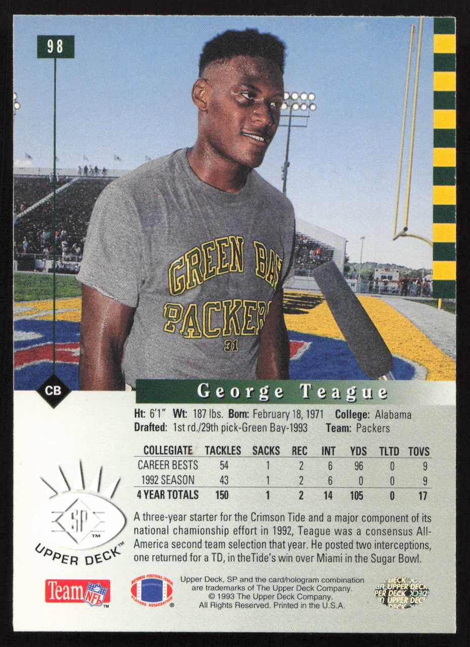George Teague Autographed 1993 Upper Deck SP Card #98 Green Bay Packers SKU #260625