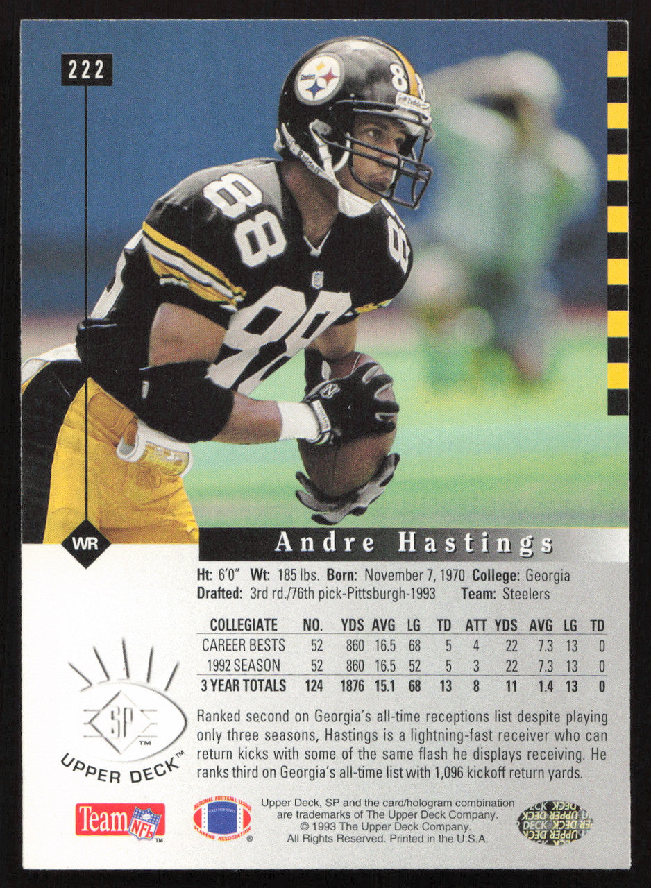 Andre Hastings Autographed 1993 Upper Deck SP Card #222 Pittsburgh Steelers SKU #260628