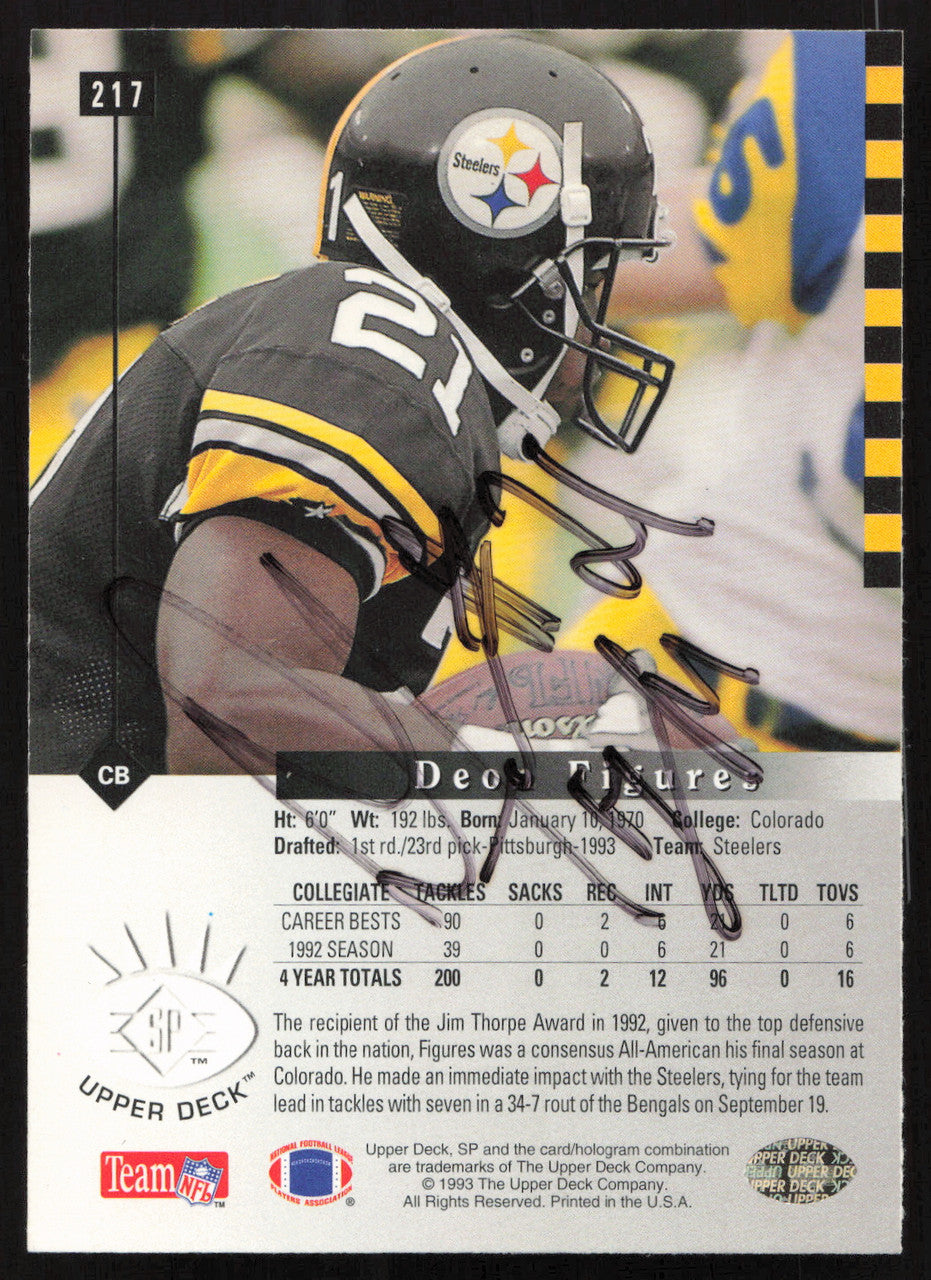 Deon Figures Autographed 1993 Upper Deck SP Rookie Card #217 Pittsburgh Steelers (Signed on Back) SKU #260629