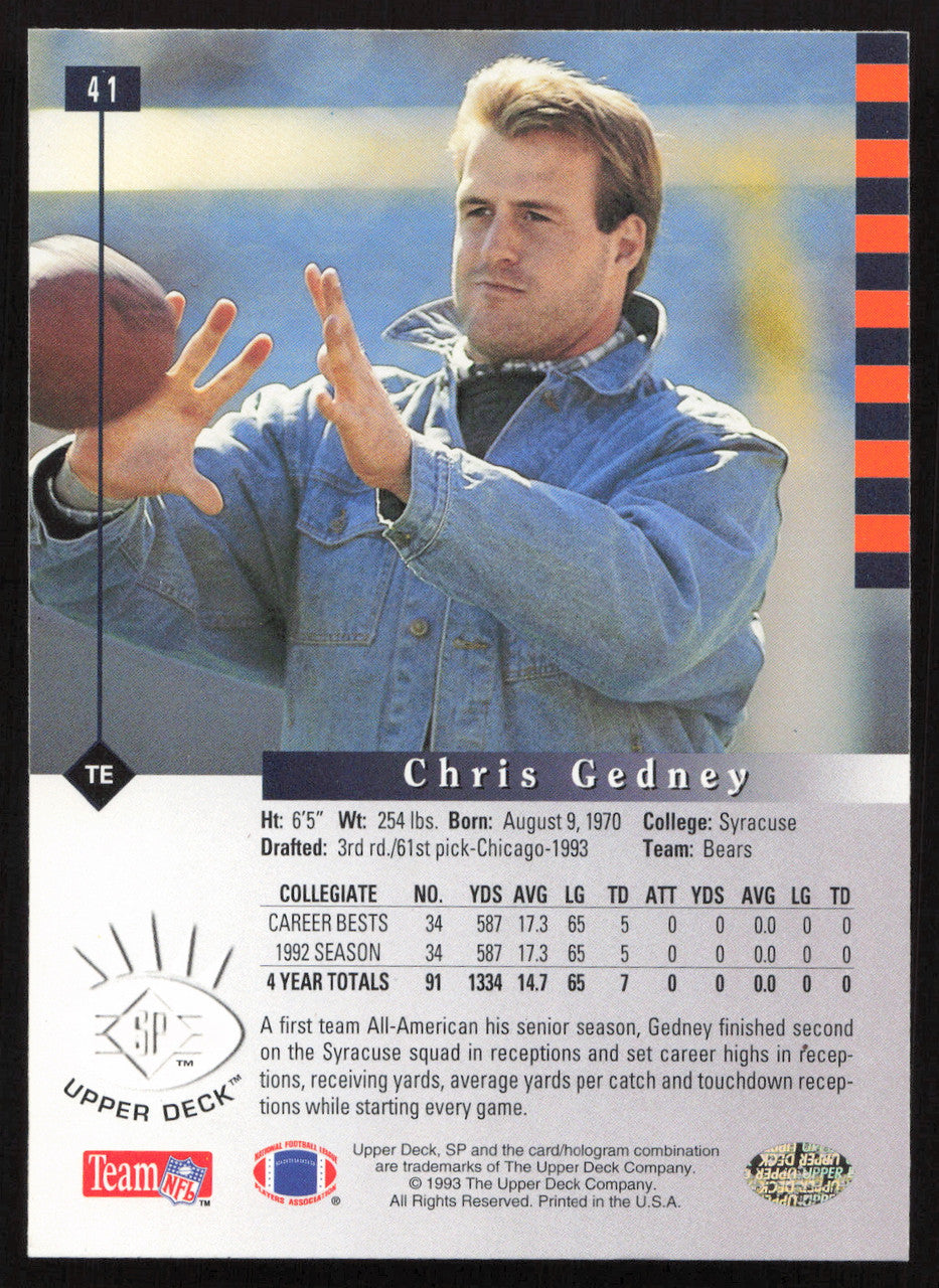 Chris Gedney Autographed 1993 Upper Deck SP Rookie Card #41 Chicago Bears SKU #260634