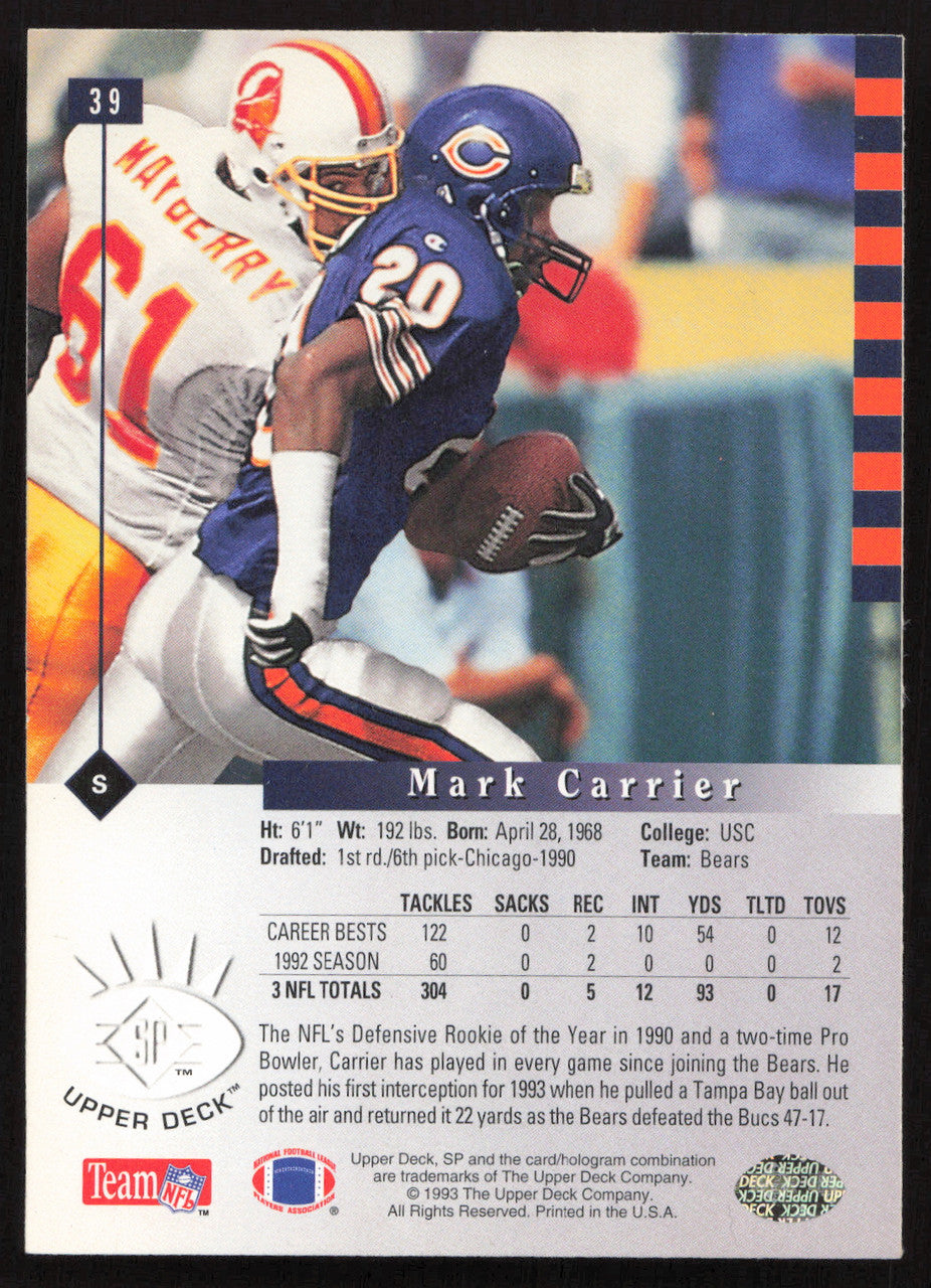 Mark Carrier Autographed 1993 Upper Deck SP Card #39 Chicago Bears SKU #260635