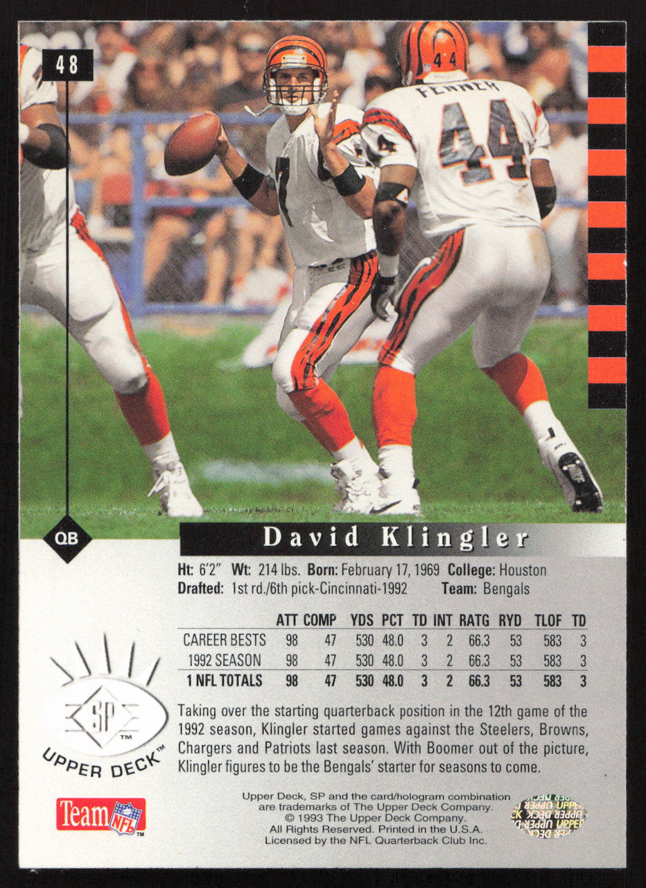 David Klingler Autographed 1993 Upper Deck SP Card #48 Cincinnati Bengals SKU #260636