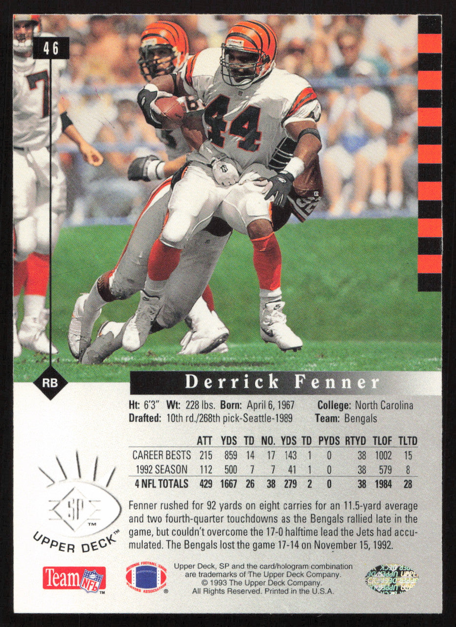 Derrick Fenner Autographed 1993 Upper Deck SP Card #46 Cincinnati Bengals SKU #260637