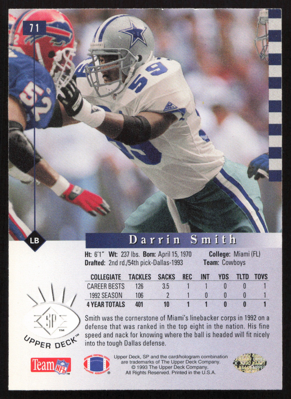 Darrin Smith Autographed 1993 Upper Deck SP Rookie Card #71 Dallas Cowboys SKU #260646