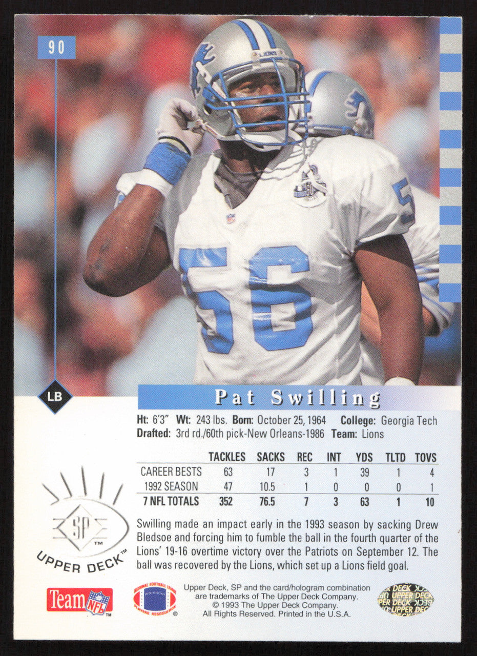 Pat Swilling Autographed 1993 Upper Deck SP Card #90 Detroit Lions SKU #260647