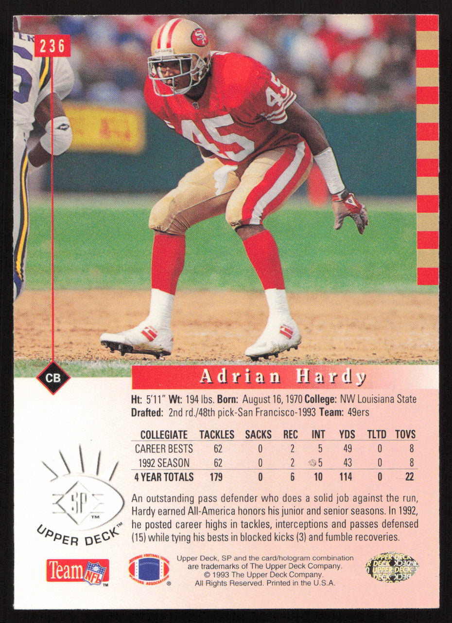 Adrian Hardy Autographed 1993 Upper Deck SP Rookie Card #236 San Francisco 49ers SKU #260650