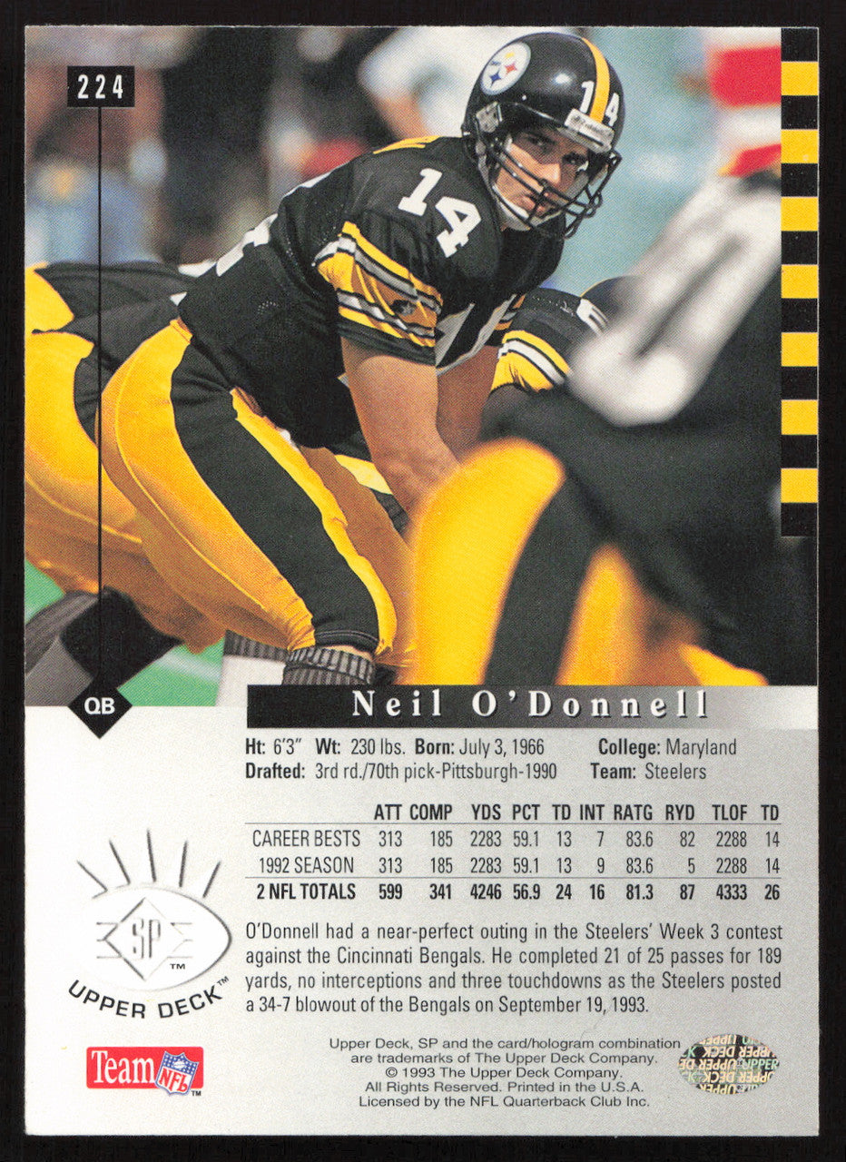 Neil O'Donnell Autographed 1993 Upper Deck SP Card #224 Pittsburgh Steelers SKU #260652